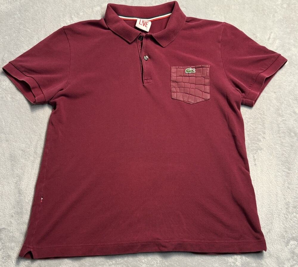 Lacoste Live Medium Polo Shirt Crocodile Pocket Logo Burgundy Red L!ve Pique